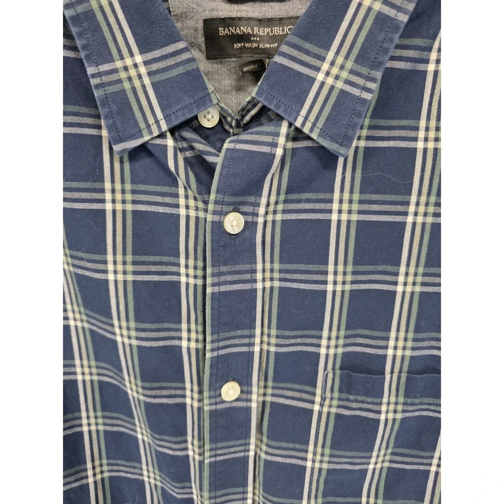 Banana Republic Soft Wash Slim Fit Plaid Button Down Shirt Mens Large Blue Green